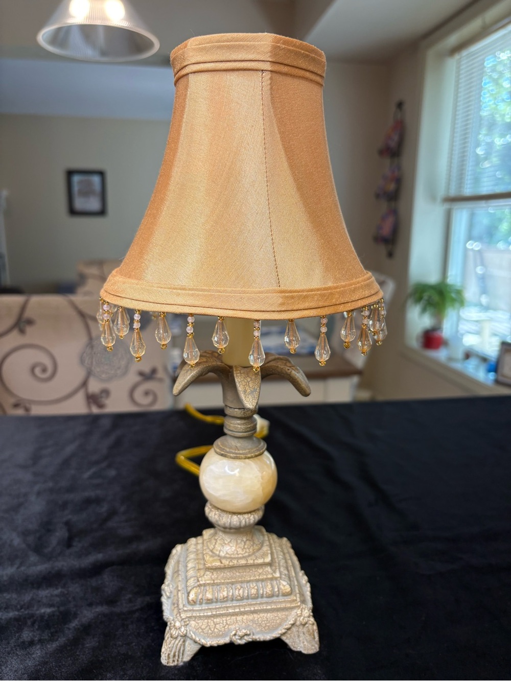 Vintage Style Accent Table Lamp / Gold Fabric Shade With Crystal Bead Drops